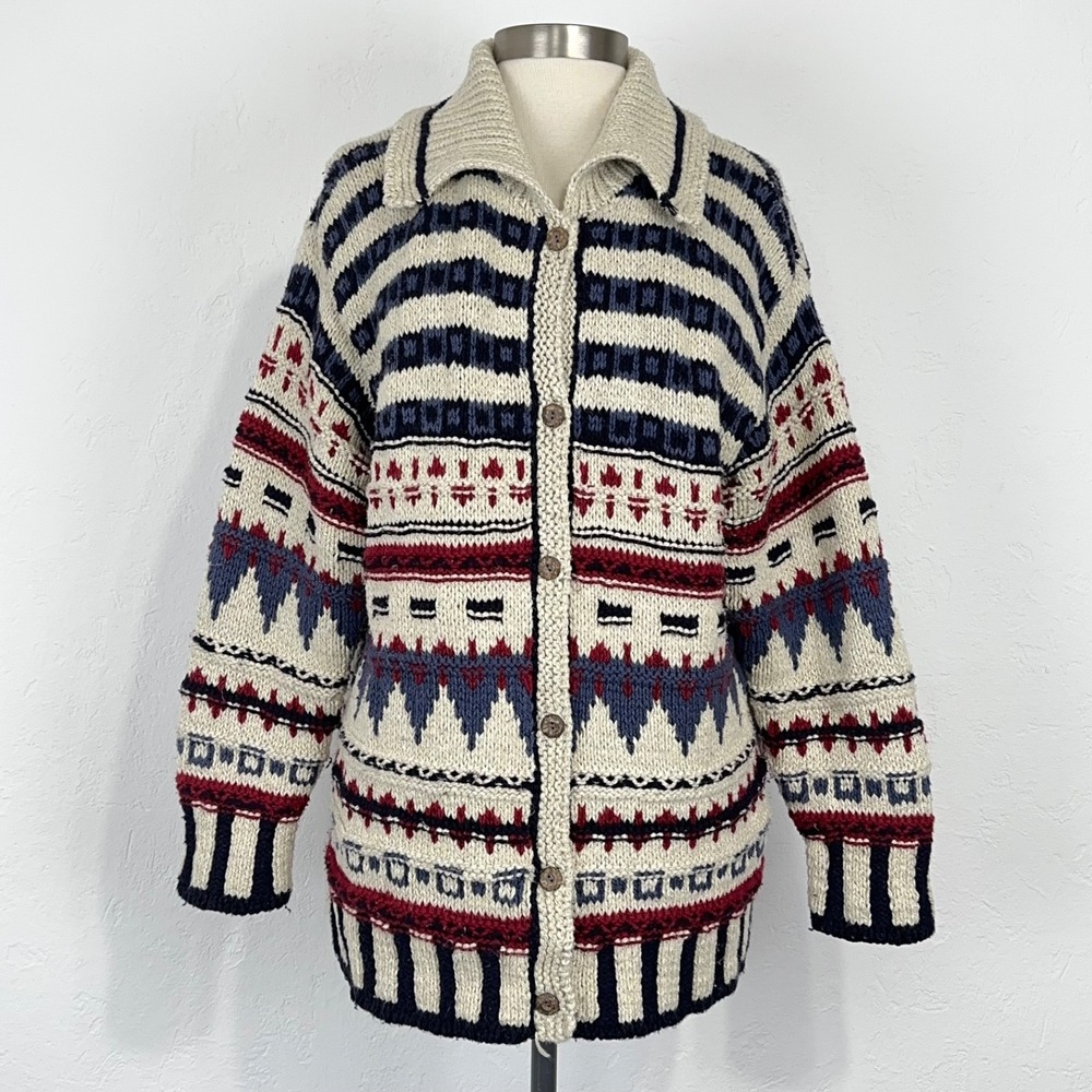Eddie Bauer Womens Fair Isle Nordic Cardigan Size Large Oversized Hand Knit